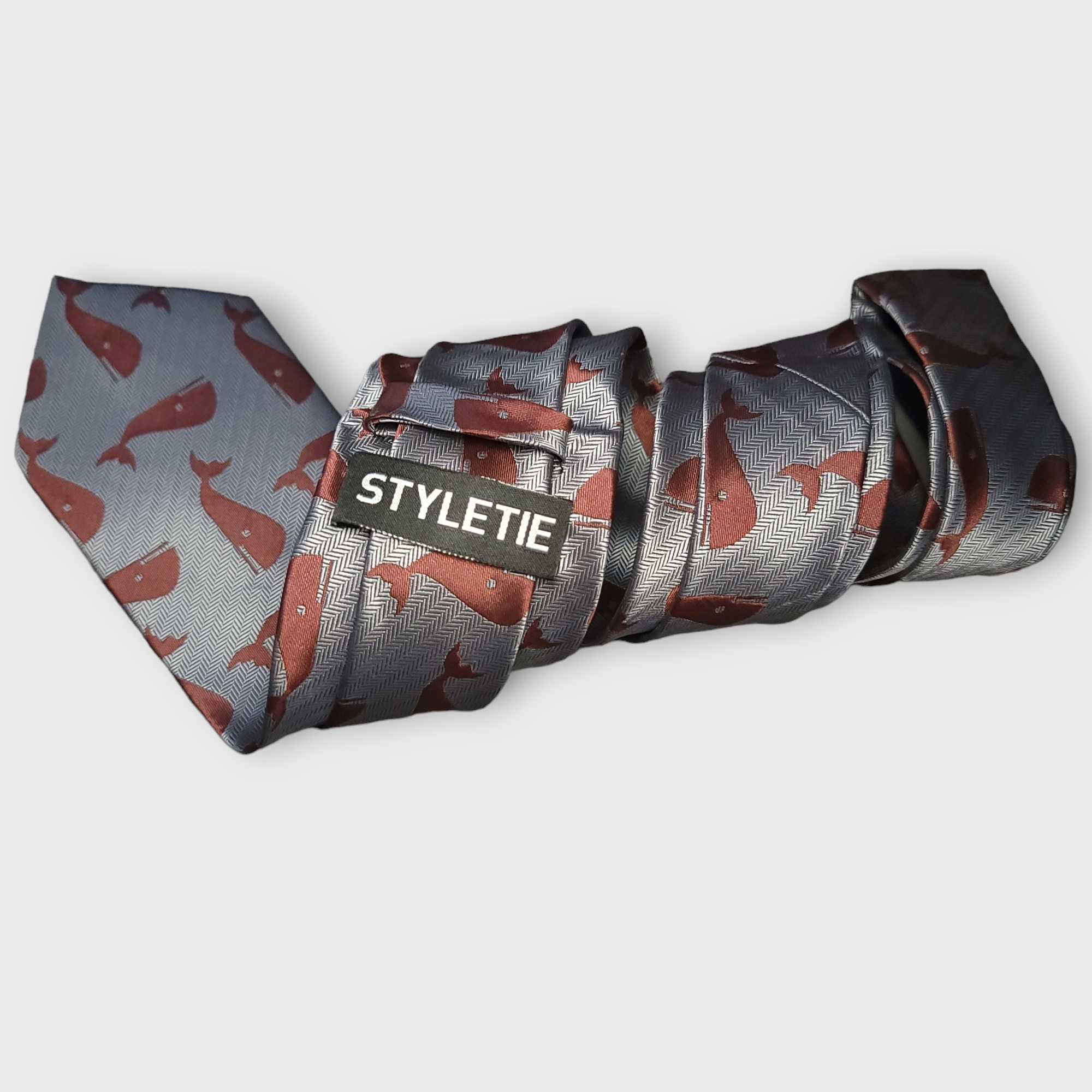 Gray Brown Whale Silk Tie Pocket Square Cufflinks Set