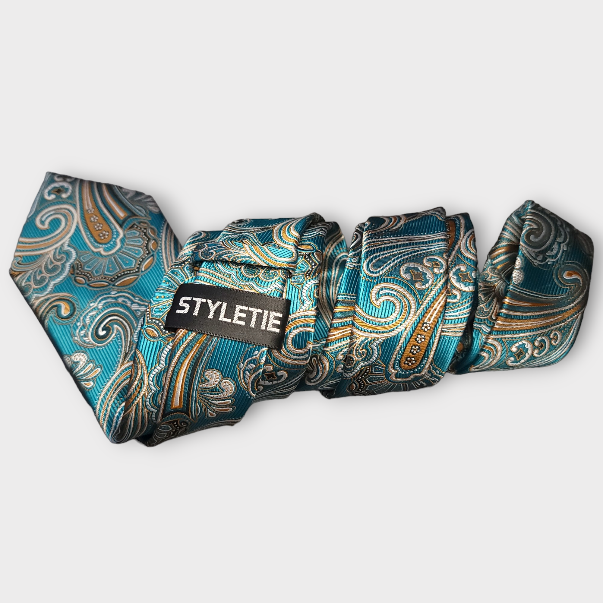 Green Teal Paisley Silk Tie Pocket Square Cufflink Set