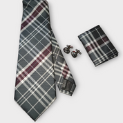 Gray White Burgundy Striped Silk Tie Pocket Square Cufflink Set