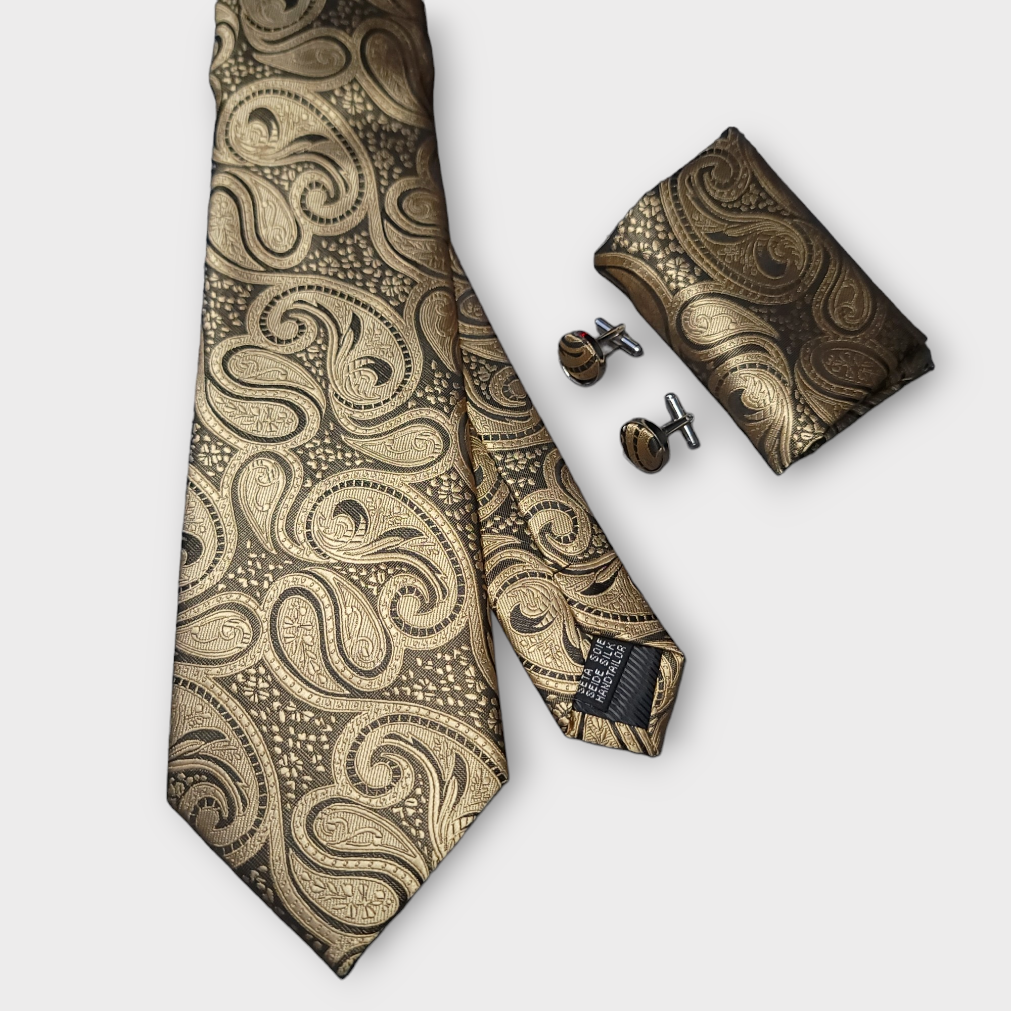 Black Gold Paisley Silk Tie Pocket Square Cufflink Set