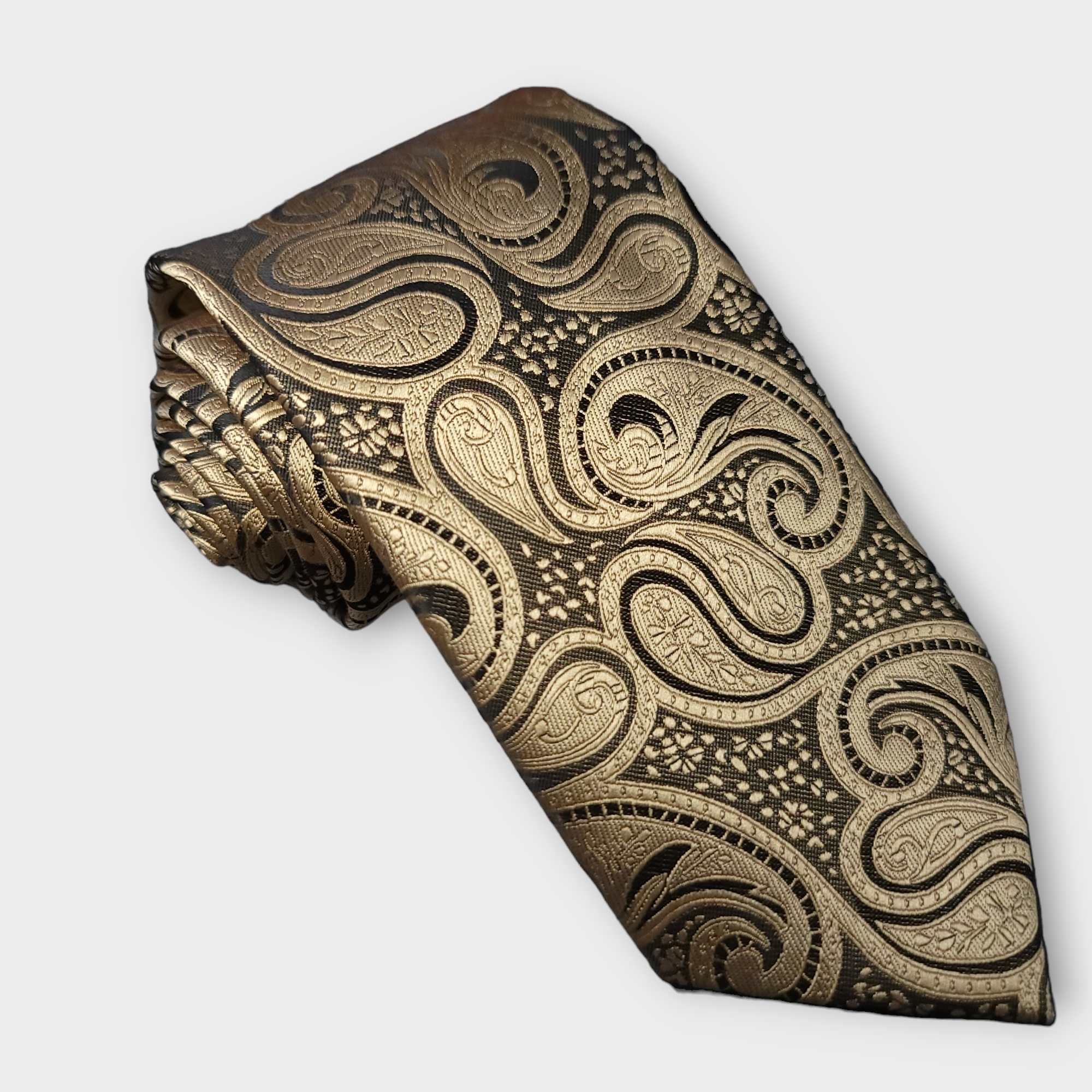 Black Gold Paisley Silk Tie Pocket Square Cufflink Set