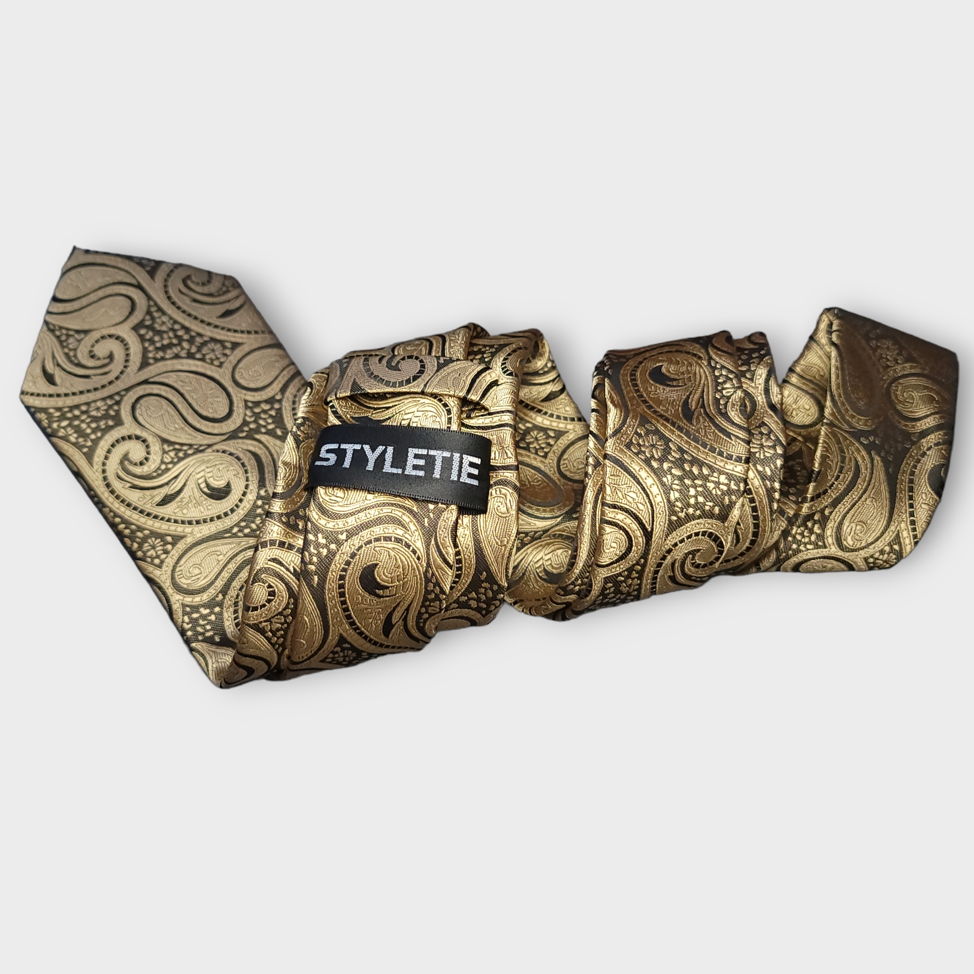 Black Gold Paisley Silk Tie Pocket Square Cufflink Set