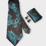 Black Teal Paisley Silk Tie Pocket Square Cufflink Set
