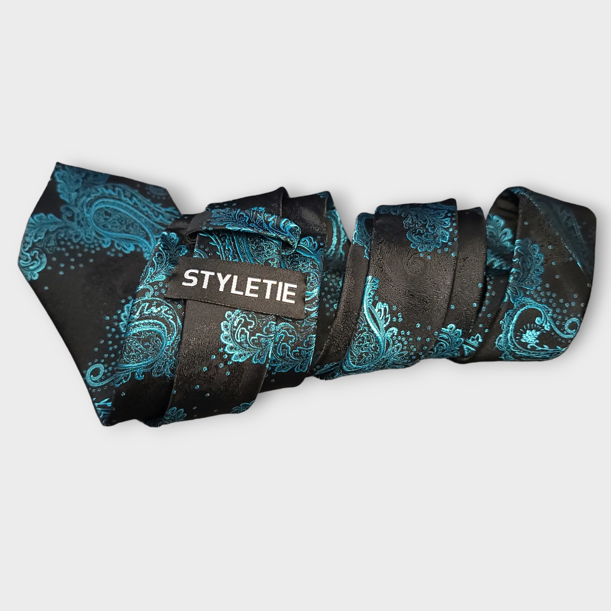 Black Teal Paisley Silk Tie Pocket Square Cufflink Set