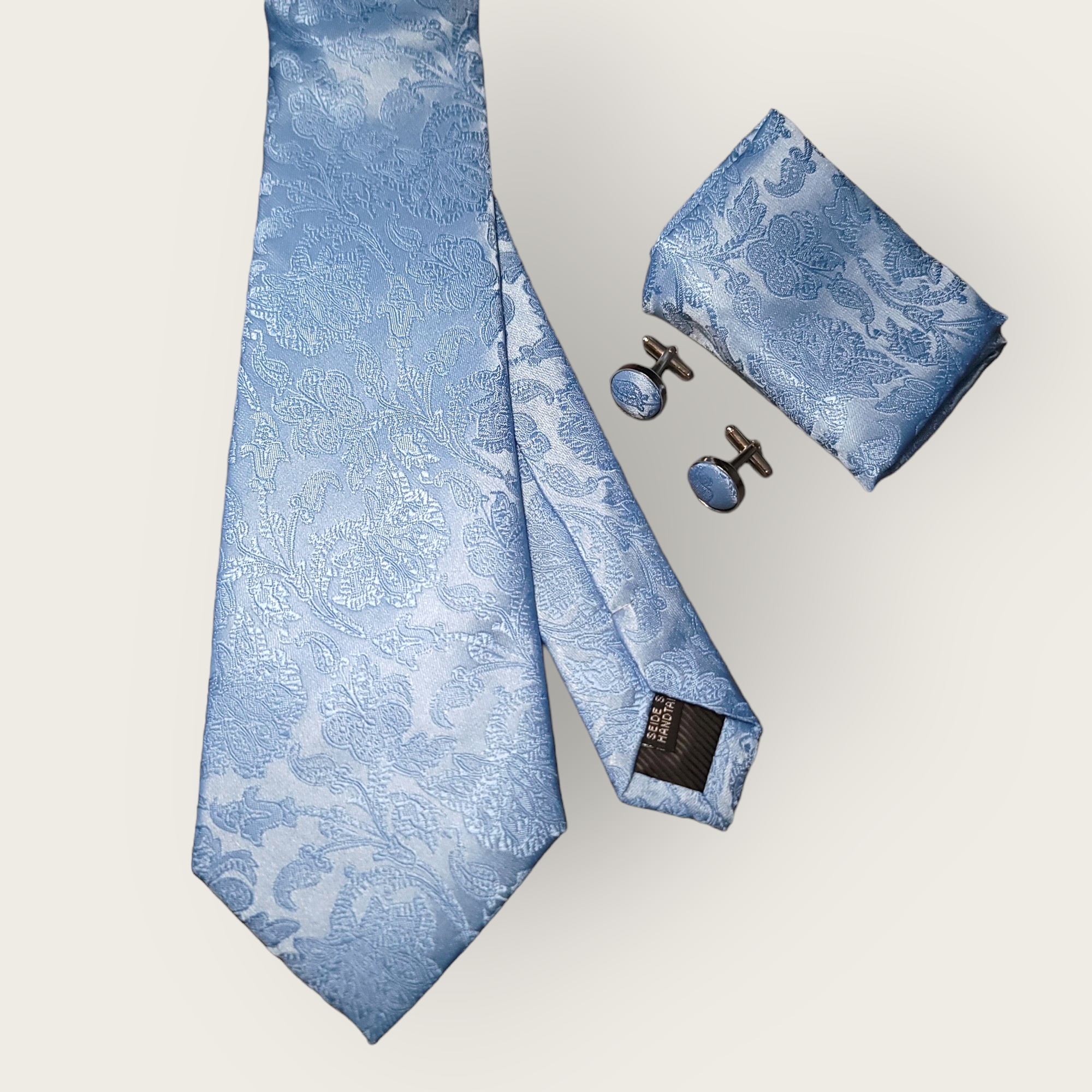 Baby Blue Floral Pattern Silk Tie Pocket Square Cufflink Set