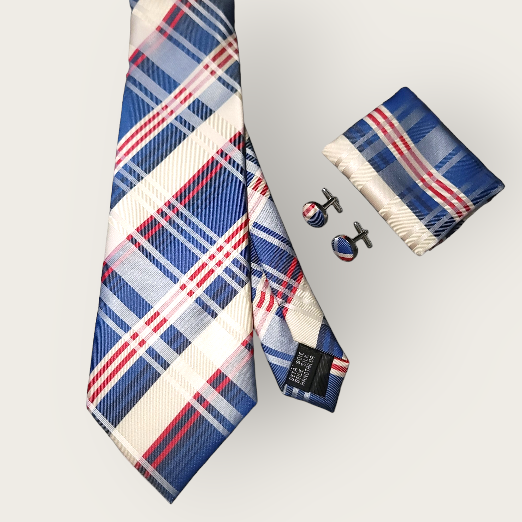 Blue Khaki Plaid Silk Tie Pocket Square Cufflinks Set