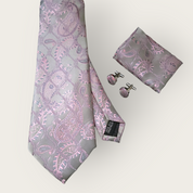 Pink Paisley Silk Tie Pocket Square Cufflink Set