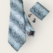 Light Blue Paisley Silk Tie Pocket Square Cufflink Set