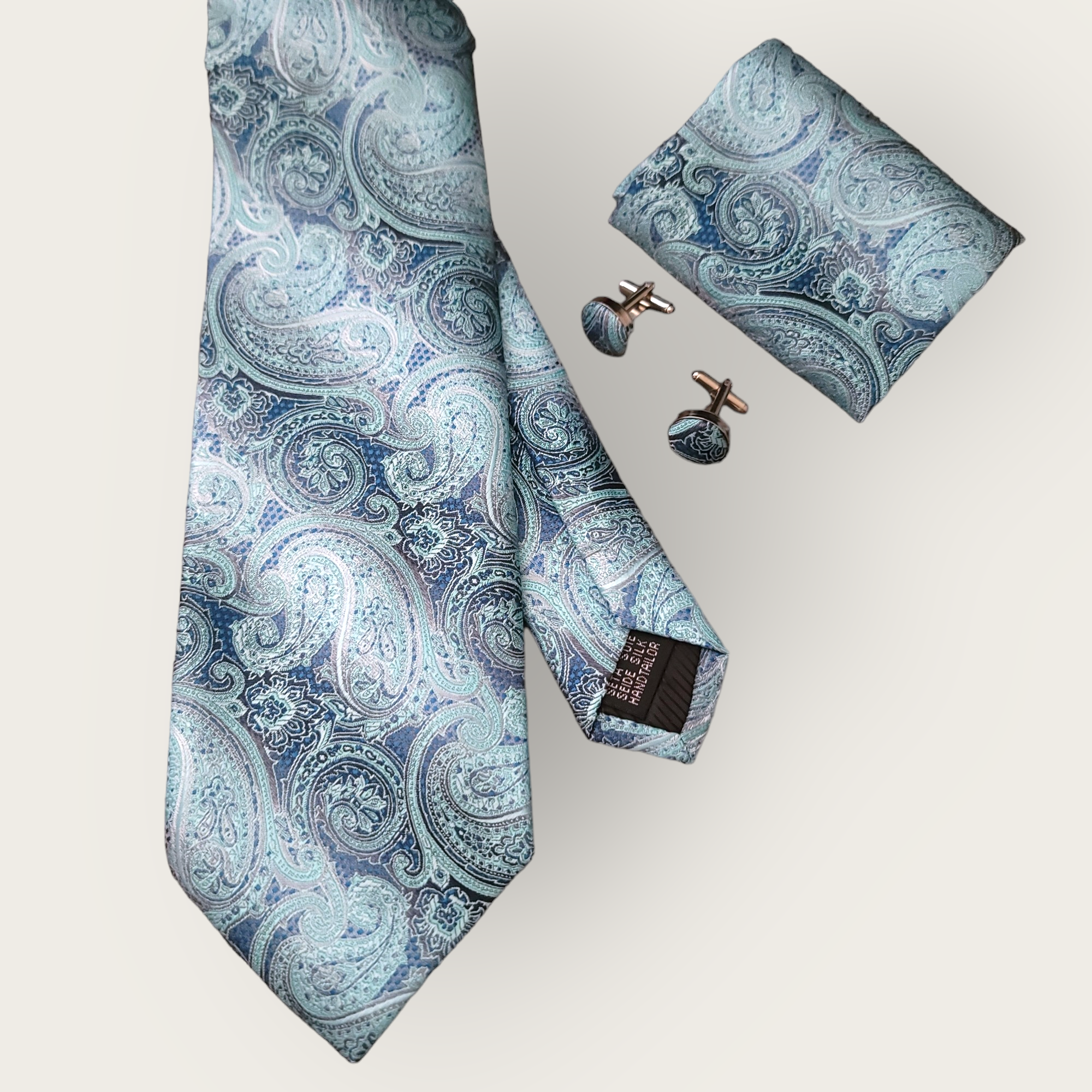 Light Blue Paisley Silk Tie Pocket Square Cufflink Set