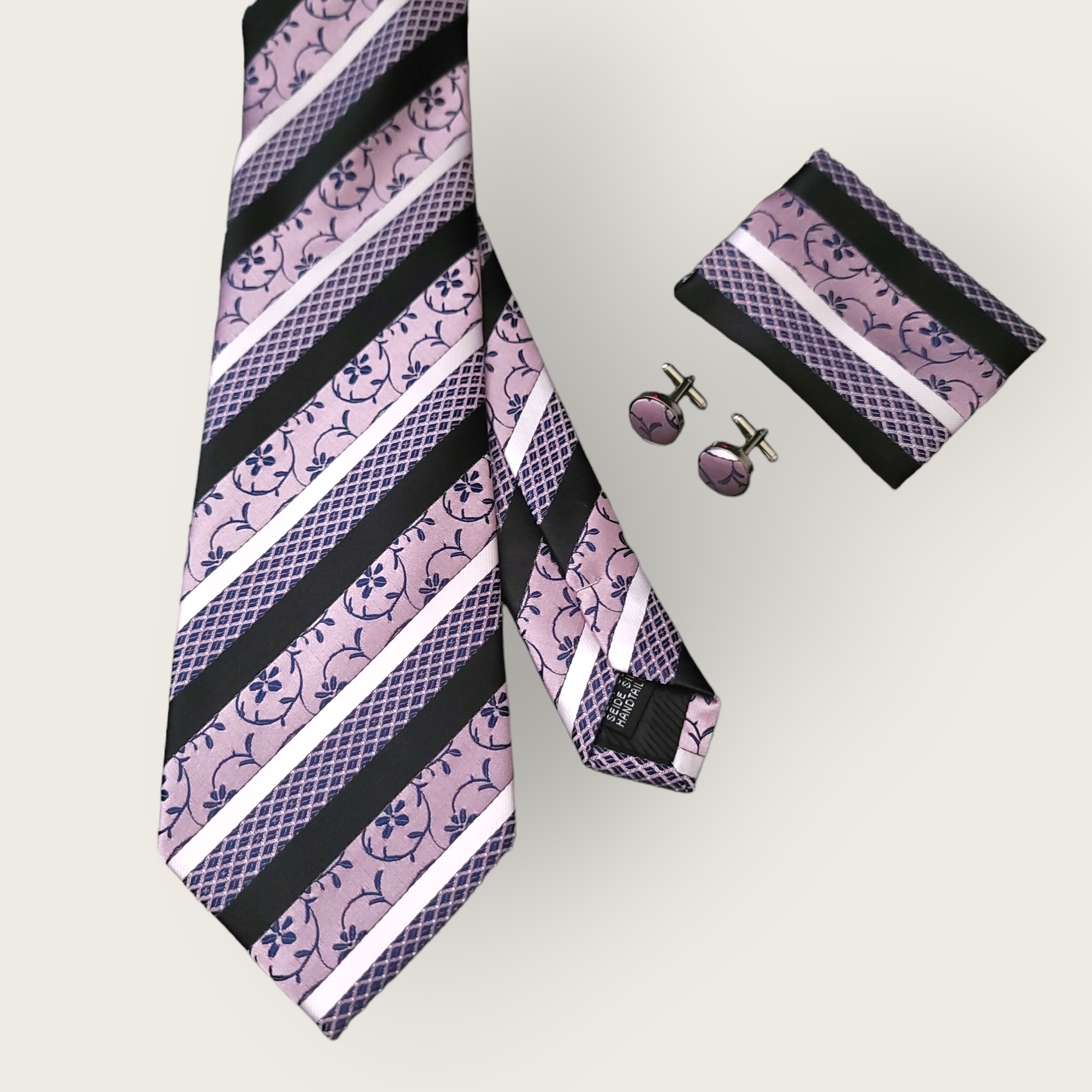 Lavender Black Stripe Floral Silk Tie Pocket Square Cufflink Set