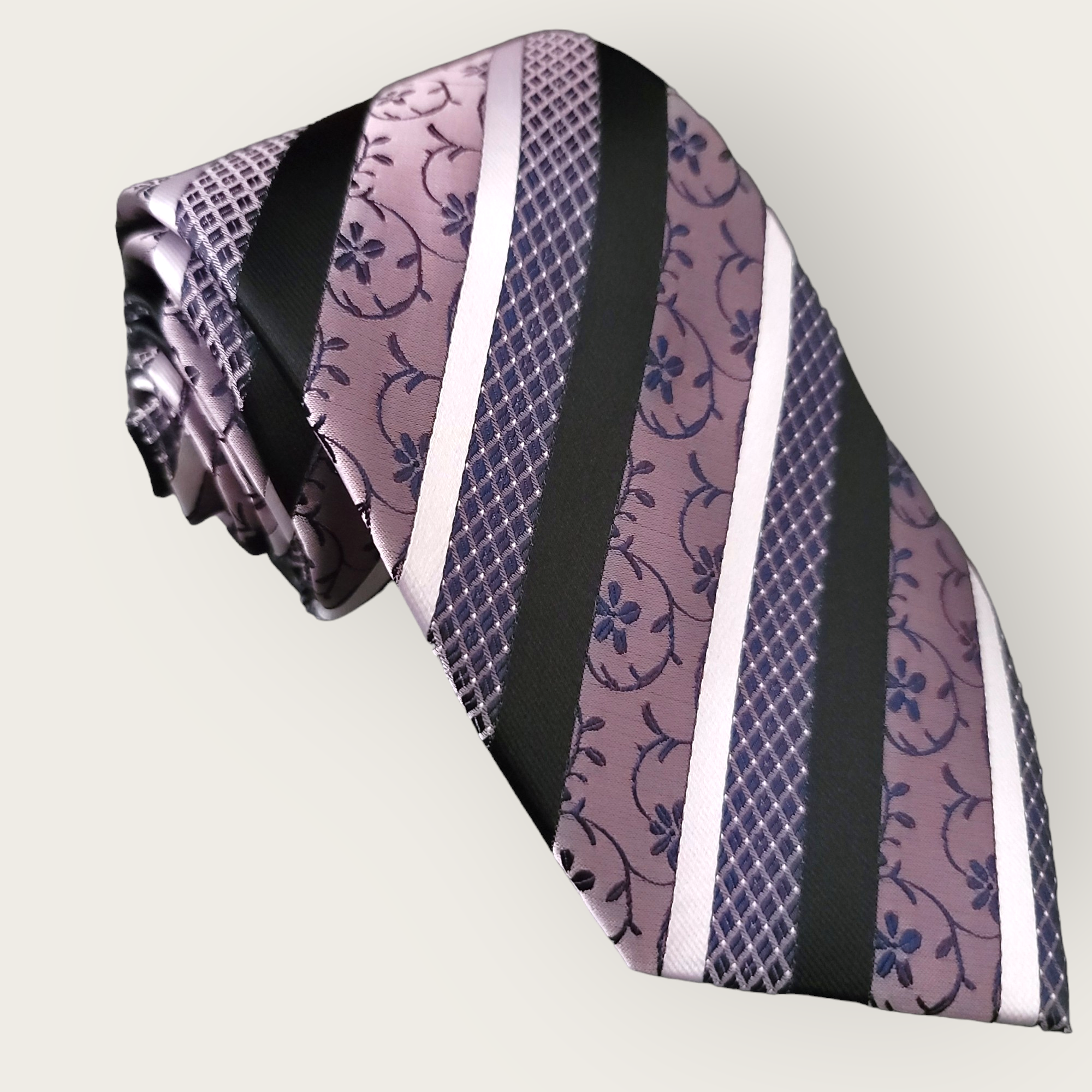 Lavender Black Stripe Floral Silk Tie Pocket Square Cufflink Set