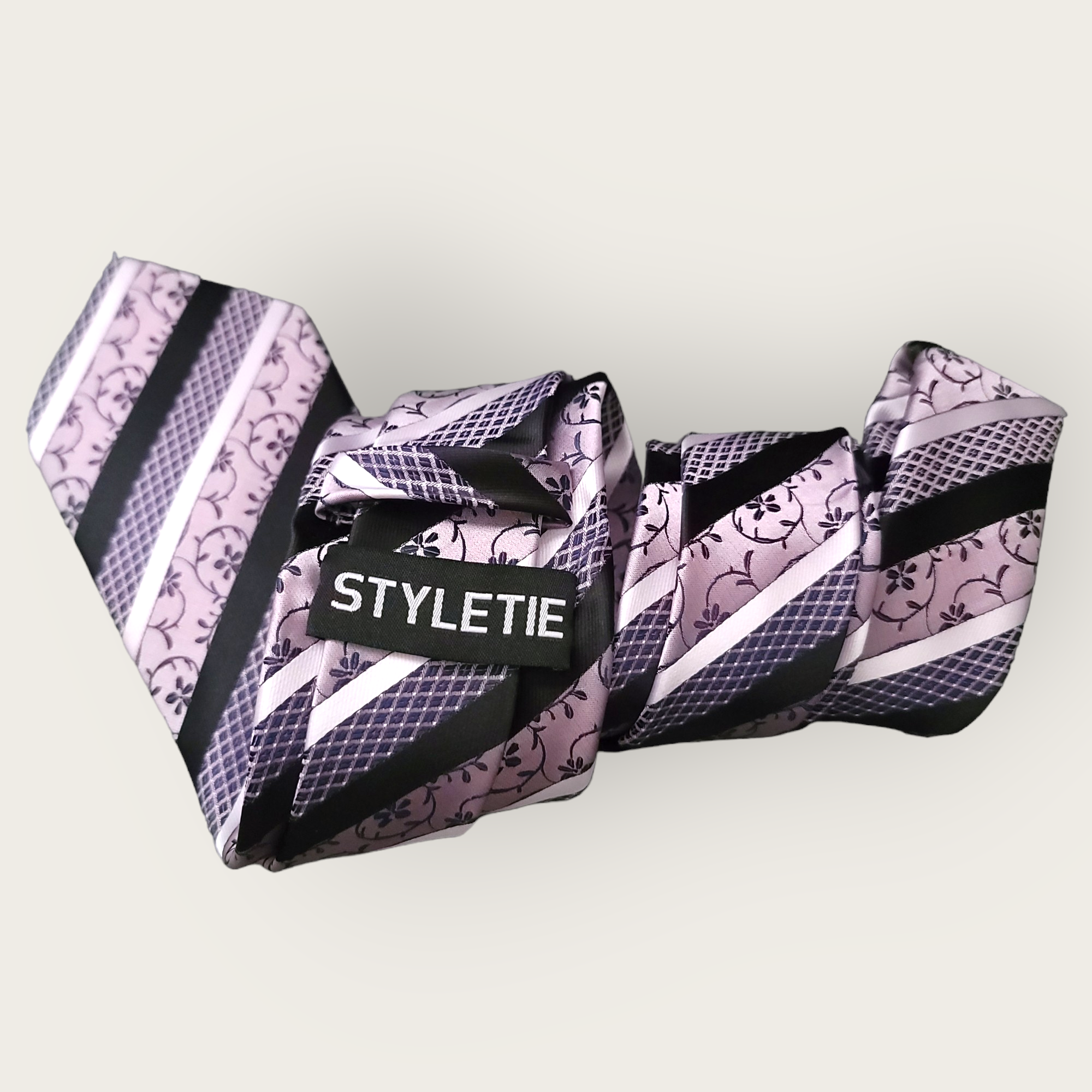 Lavender Black Stripe Floral Silk Tie Pocket Square Cufflink Set