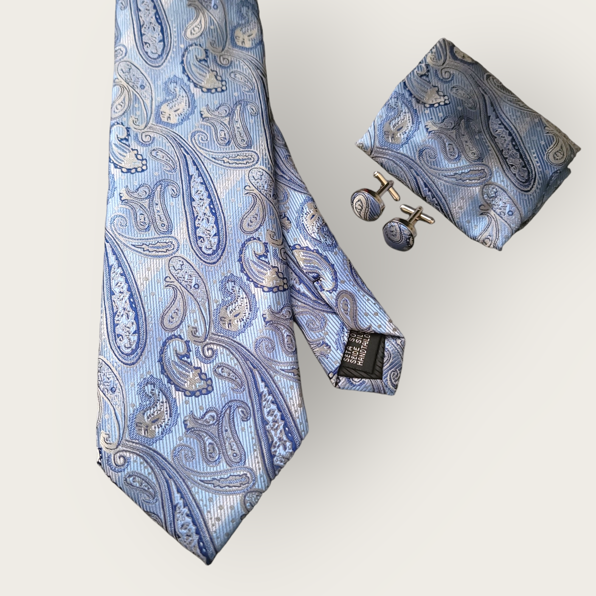 Extra Long Blue Paisley Tie Pocket Square Cufflink Set