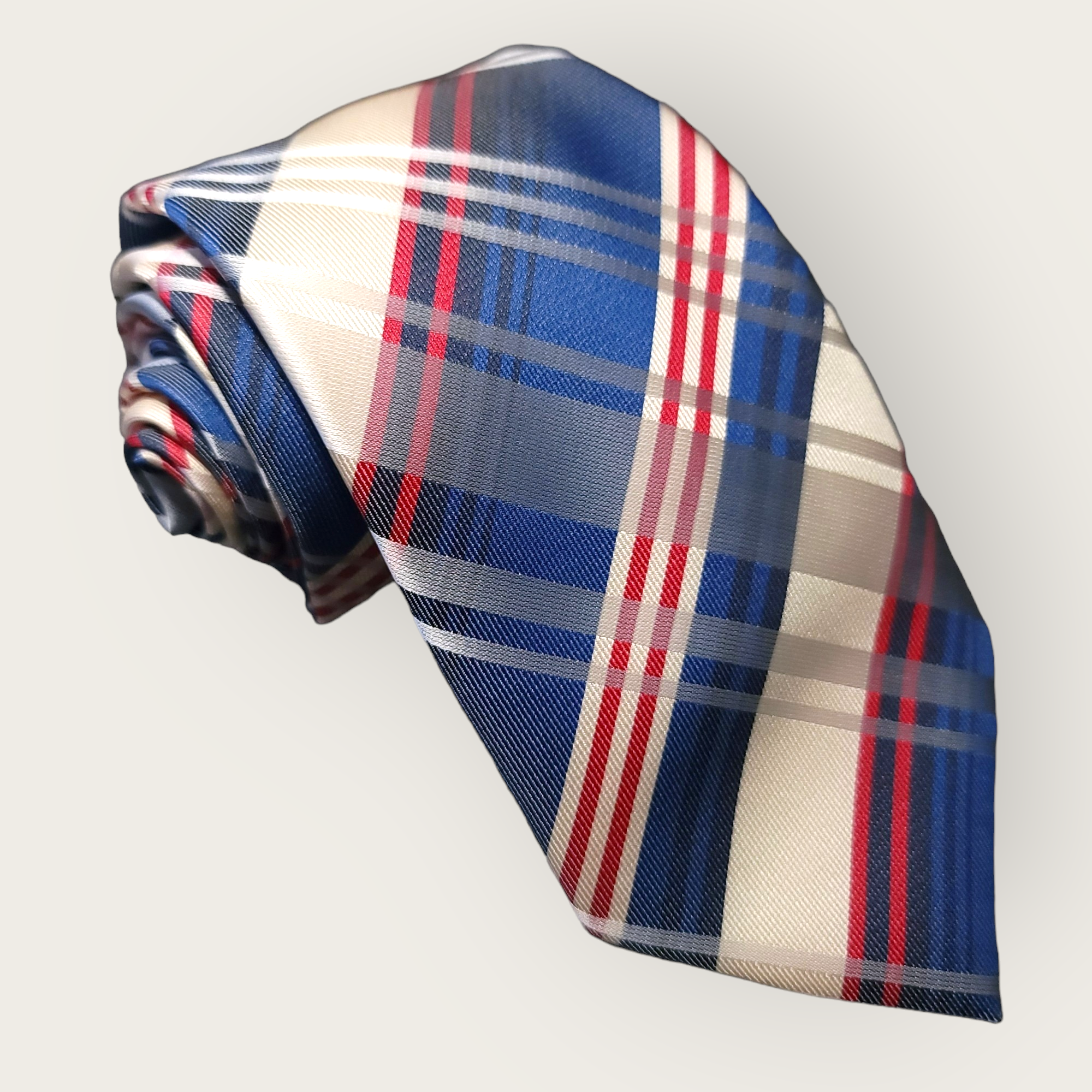 Blue Khaki Plaid Silk Tie Pocket Square Cufflinks Set