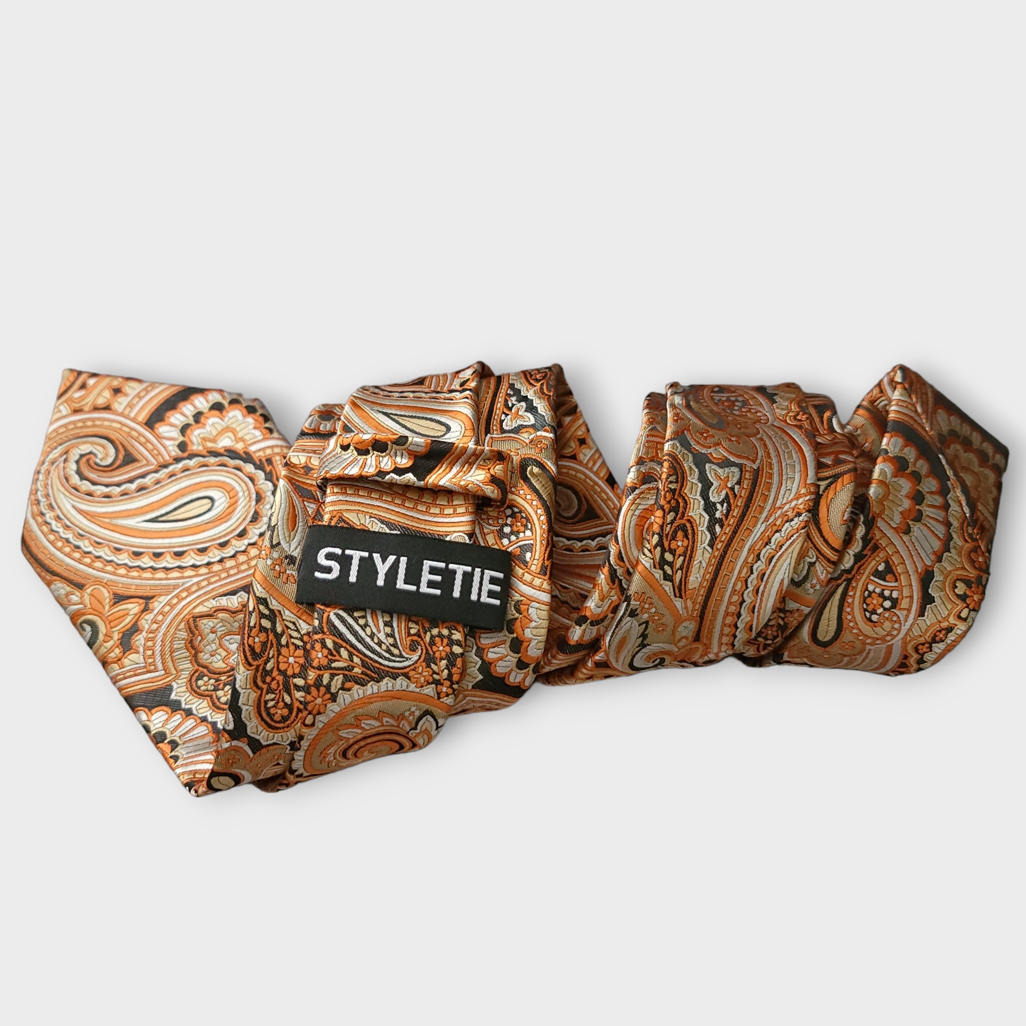 Antique Gold Orange Paisley Silk Tie Set