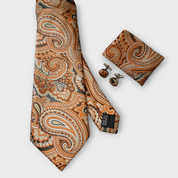 Antique Gold Orange Paisley Silk Tie Set