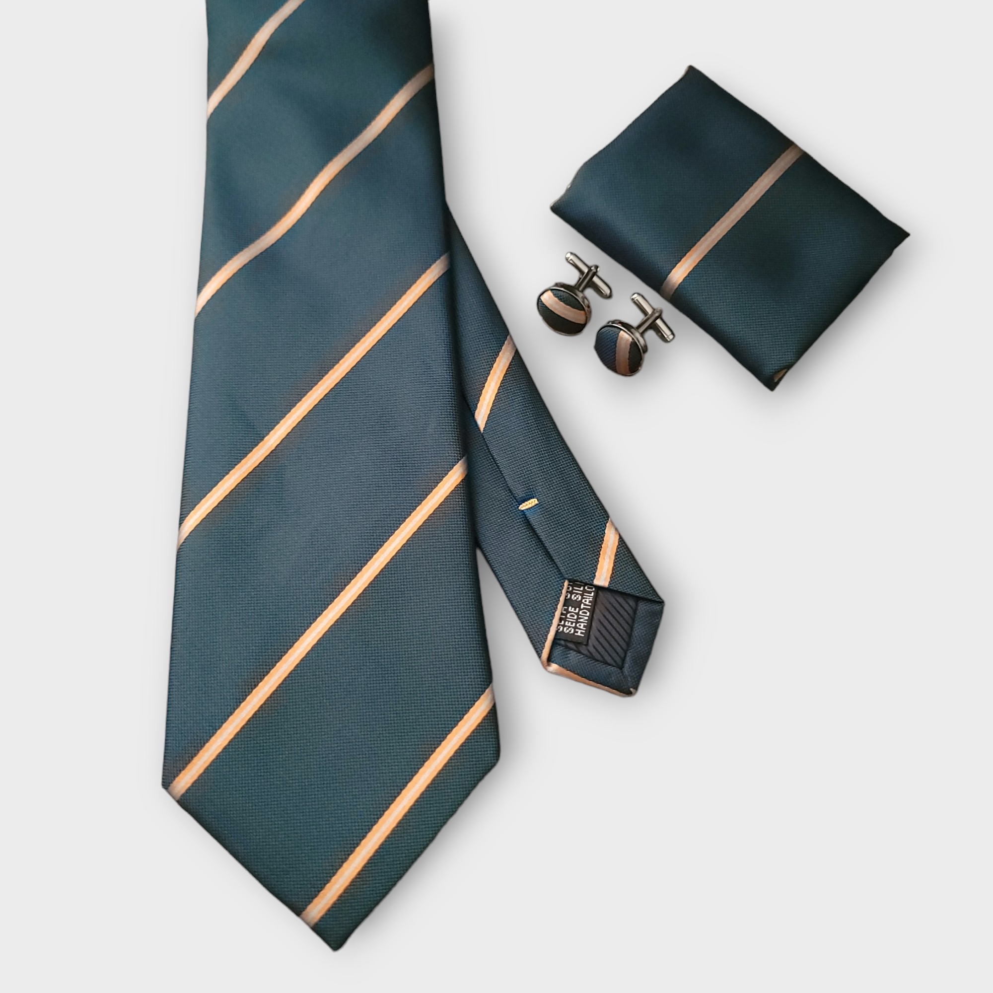 Jungle Green Stripe Silk Tie Pocket Square Cufflink Set