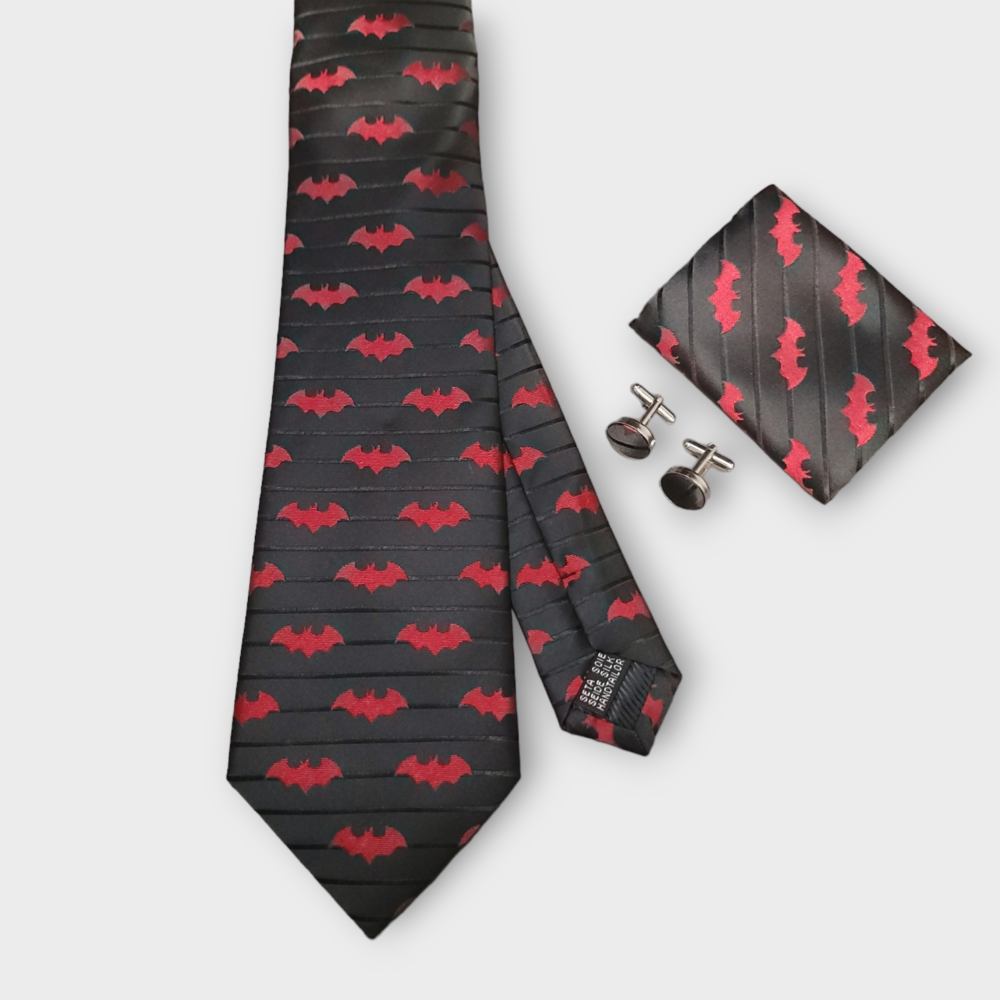 Black Red Bat Silk Tie Pocket Square Cufflink Set