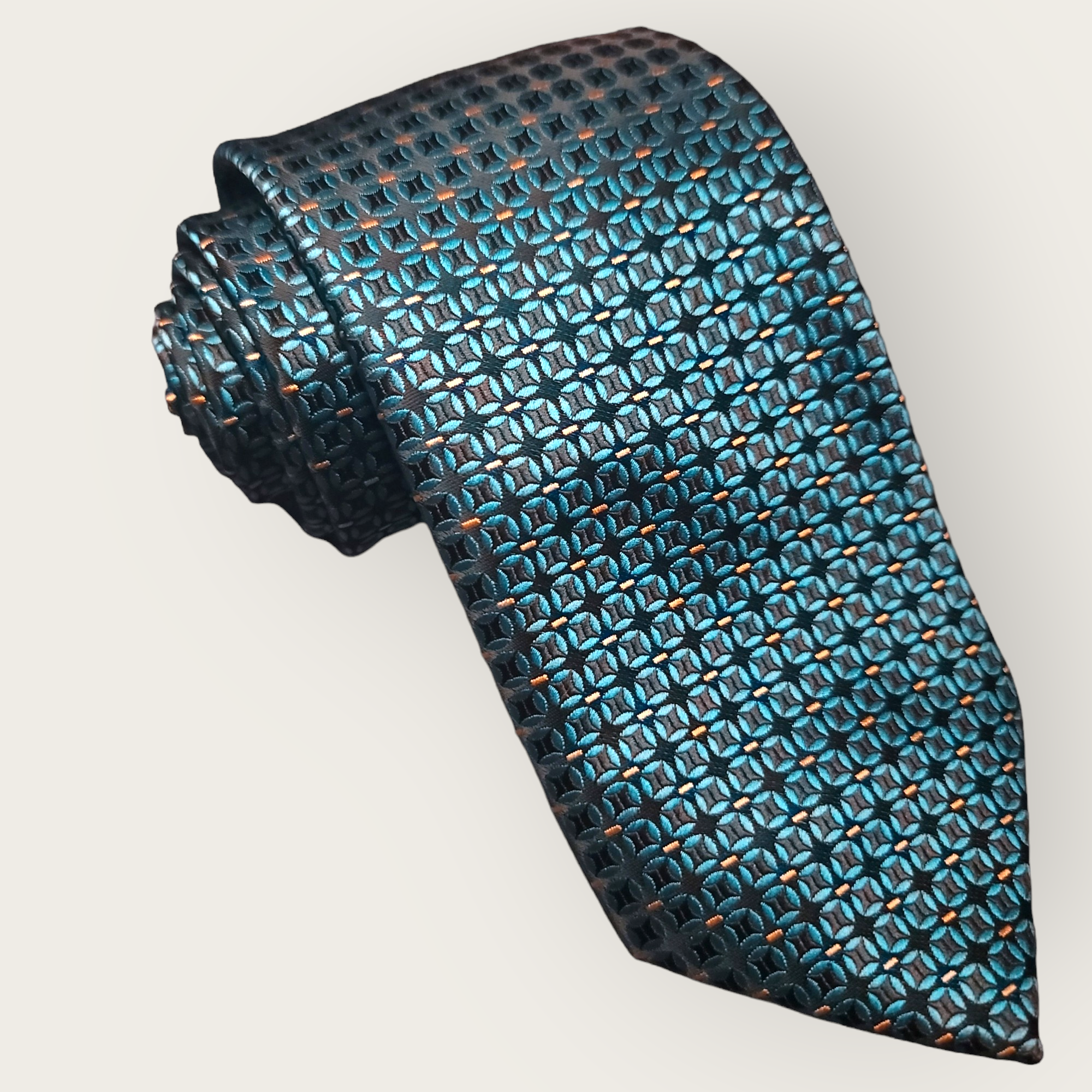 Teal Blue Geometric Silk Tie Pocket Square Cufflink Set