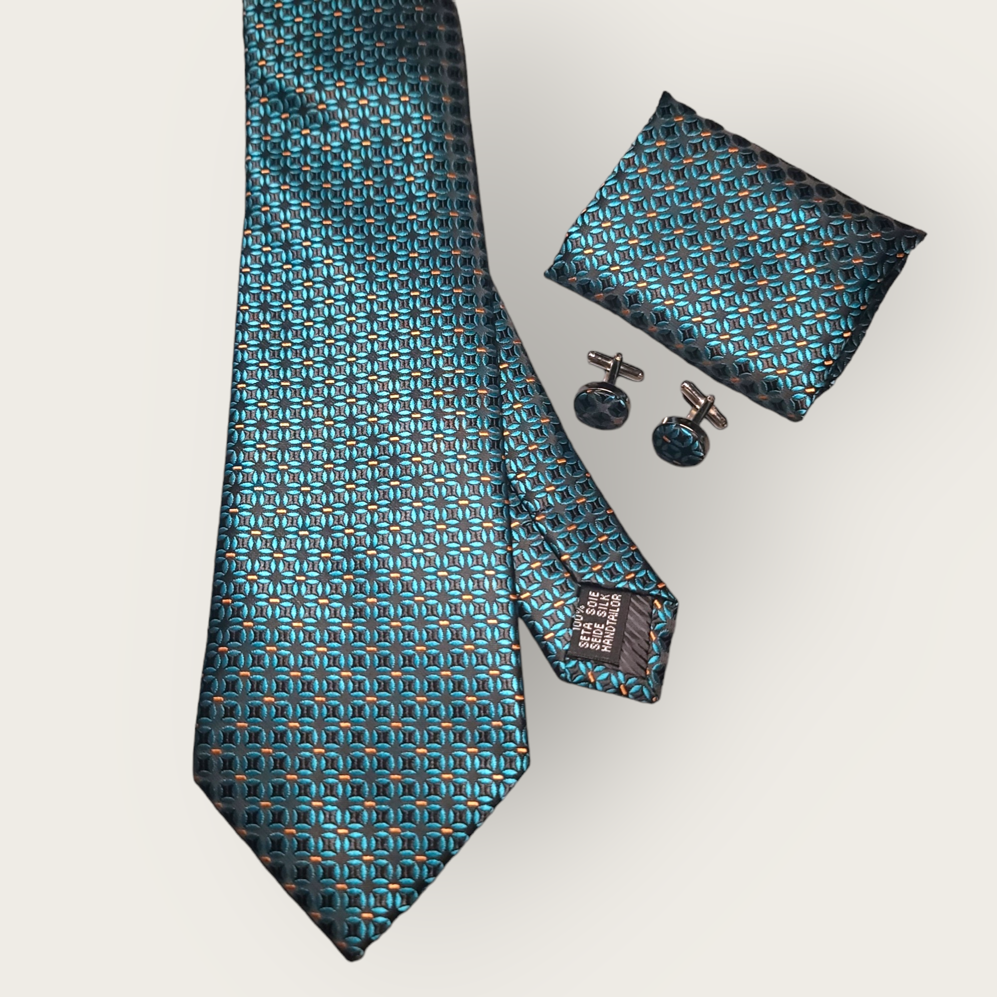 Teal Blue Geometric Silk Tie Pocket Square Cufflink Set