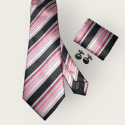 Black Pink Stripe Silk Tie Pocket Square Cufflink Set