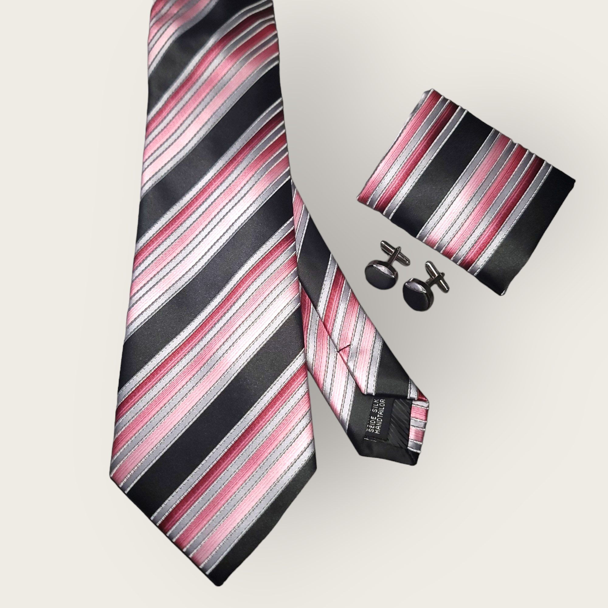 Black Pink Stripe Silk Tie Pocket Square Cufflink Set