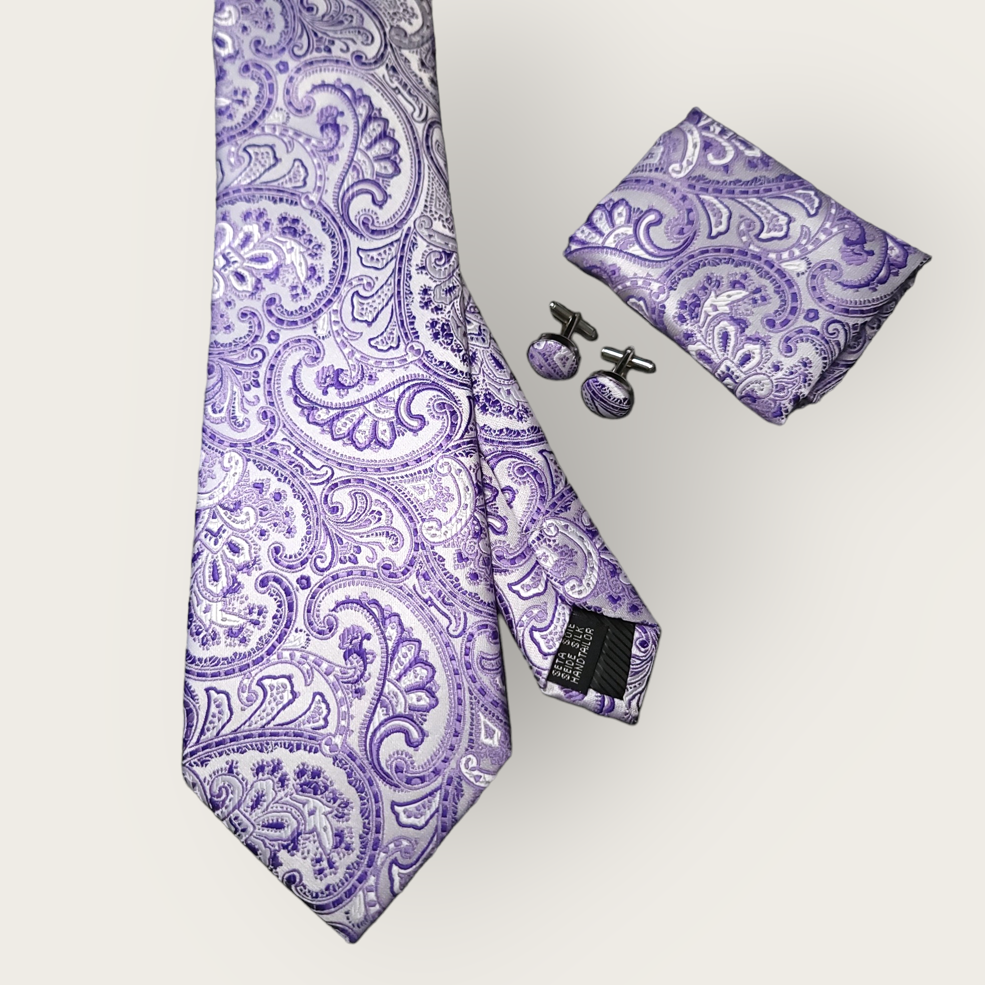 Purple Paisley Silk Tie Pocket Square Cufflink Set