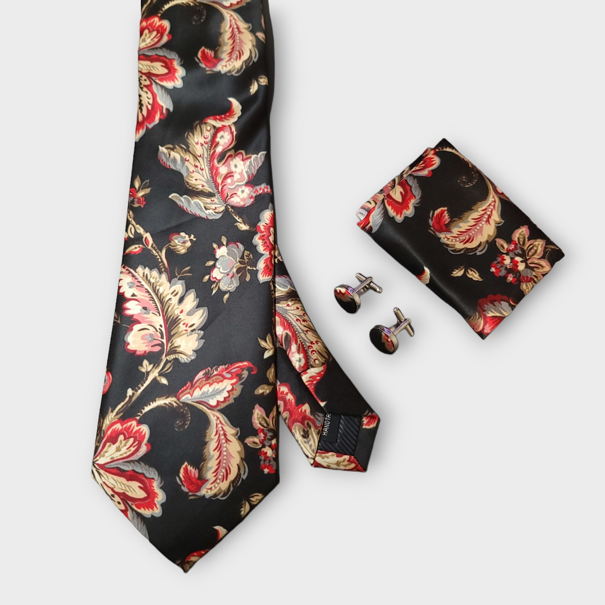 Black Novelty Leaves Floral Silk Tie Pocket Square Cufflink Set