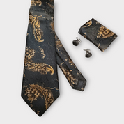 Black Gold Copper Silk Tie Pocket Square Cufflink Set
