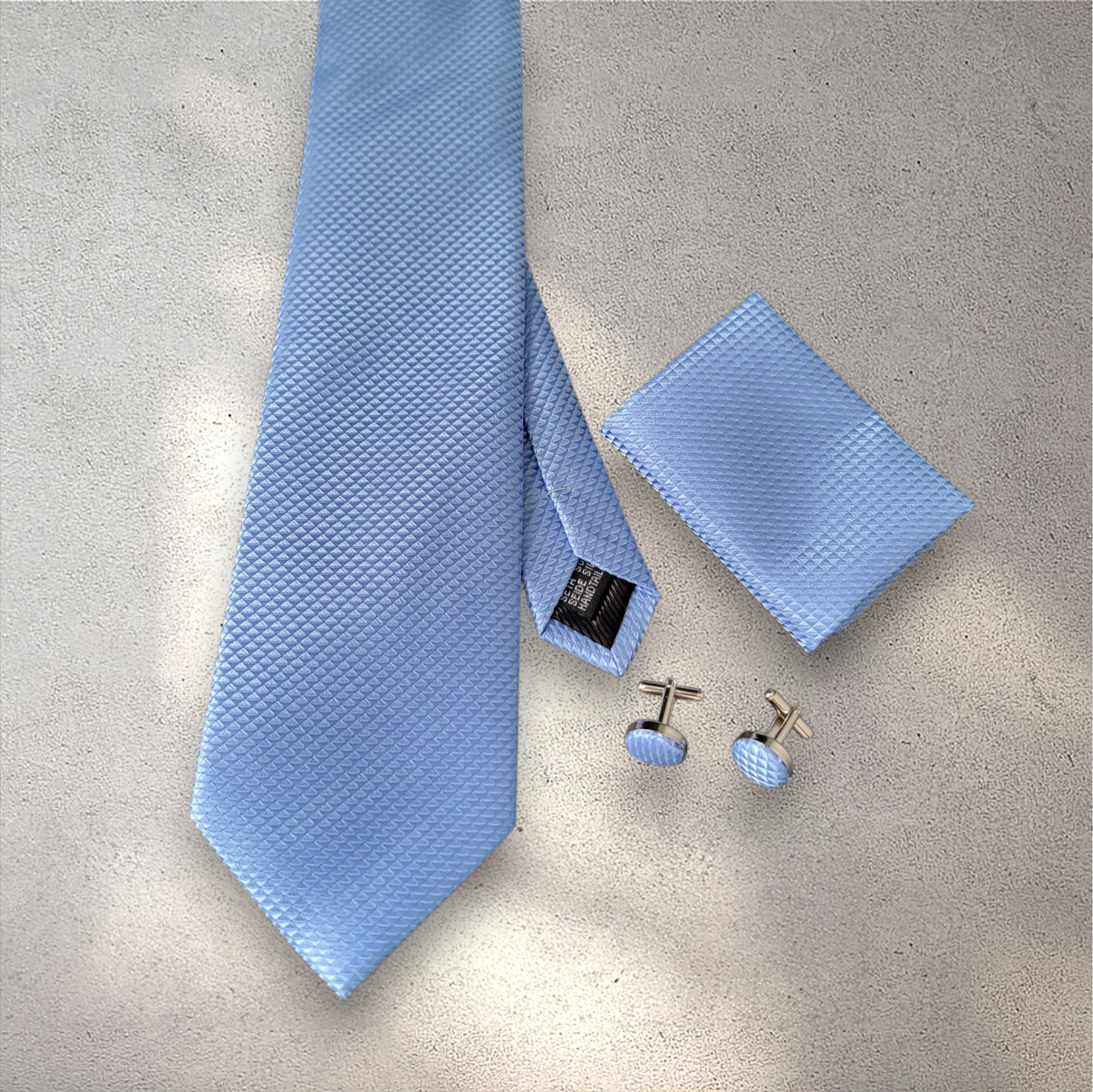 Baby Blue Solid Silk Tie Pocket Square Cufflink Set