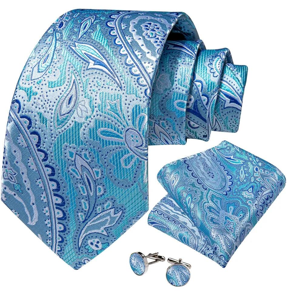 Baby Blue Paisley Silk Tie Pocket Square Cufflink Set - STYLETIE