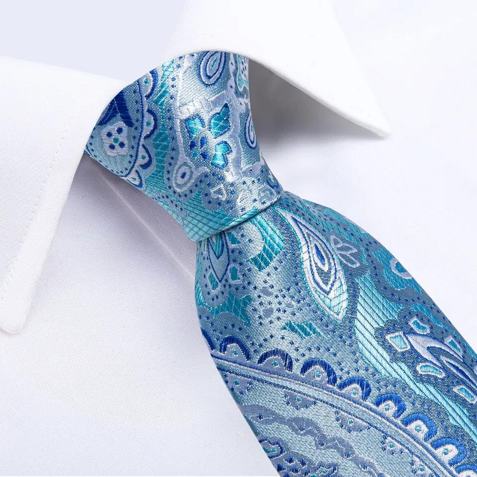 Baby Blue Paisley Silk Tie Pocket Square Cufflink Set - STYLETIE