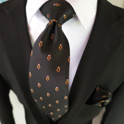 Black Brown Owl Print Silk Tie Pocket Square Cufflink Set - STYLETIE
