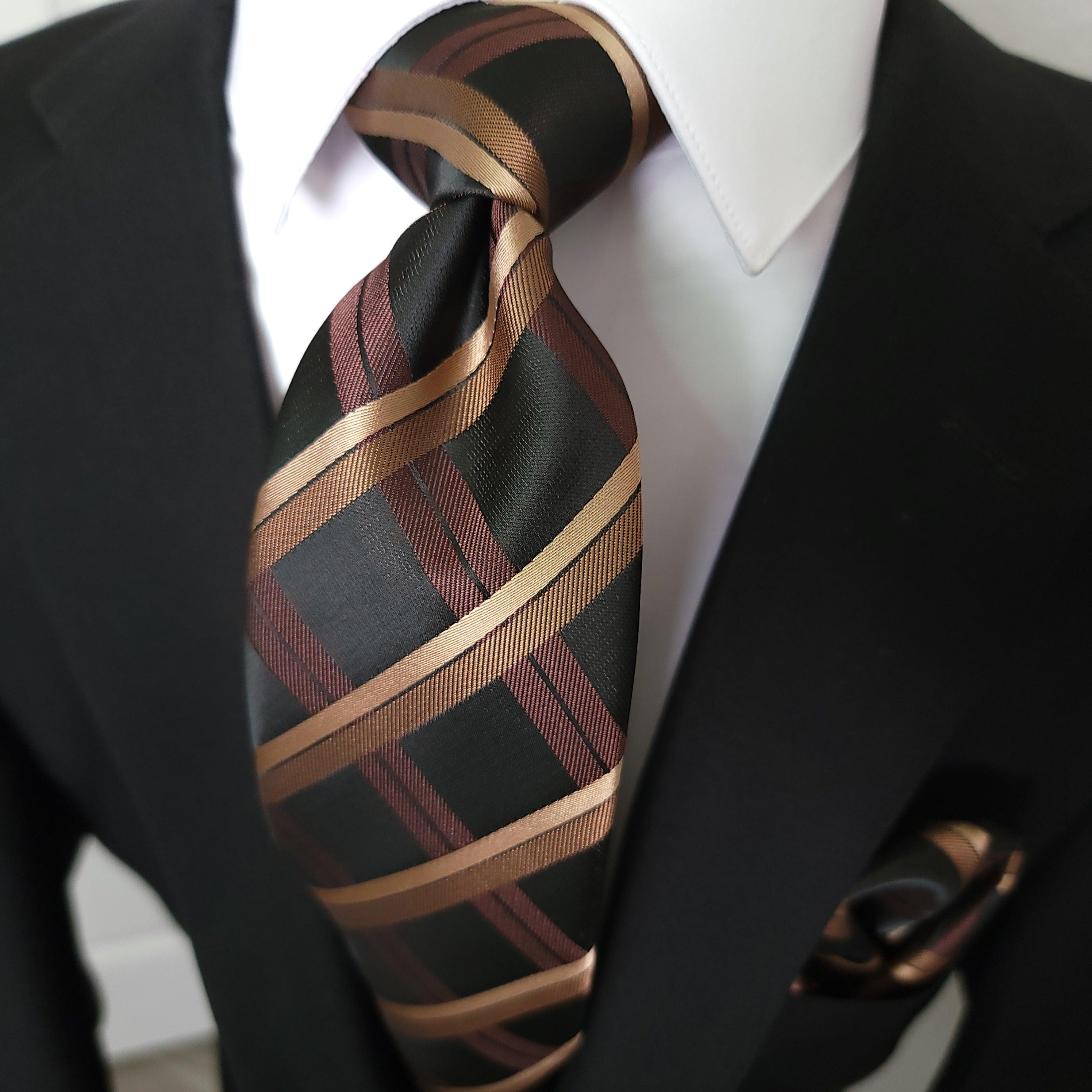 Black Brown Plaid Silk Tie Pocket Square Cufflink Set - STYLETIE