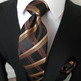 Black Brown Plaid Silk Tie Pocket Square Cufflink Set