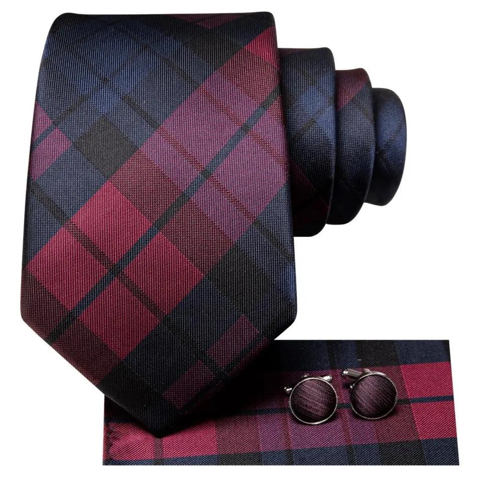 Black Burgundy Plaid Silk Tie Pocket Square Cufflink Set - STYLETIE