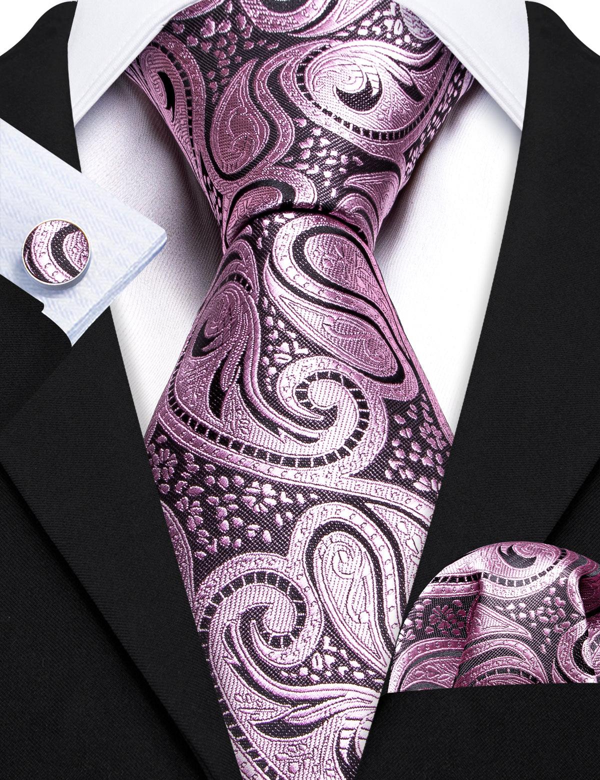 Black Coral Pink Paisley Silk Tie Pocket Square Cufflink Set - STYLETIE