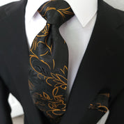 Black Gold Floral Pattern Silk Tie Pocket Square Cufflink Set - STYLETIE