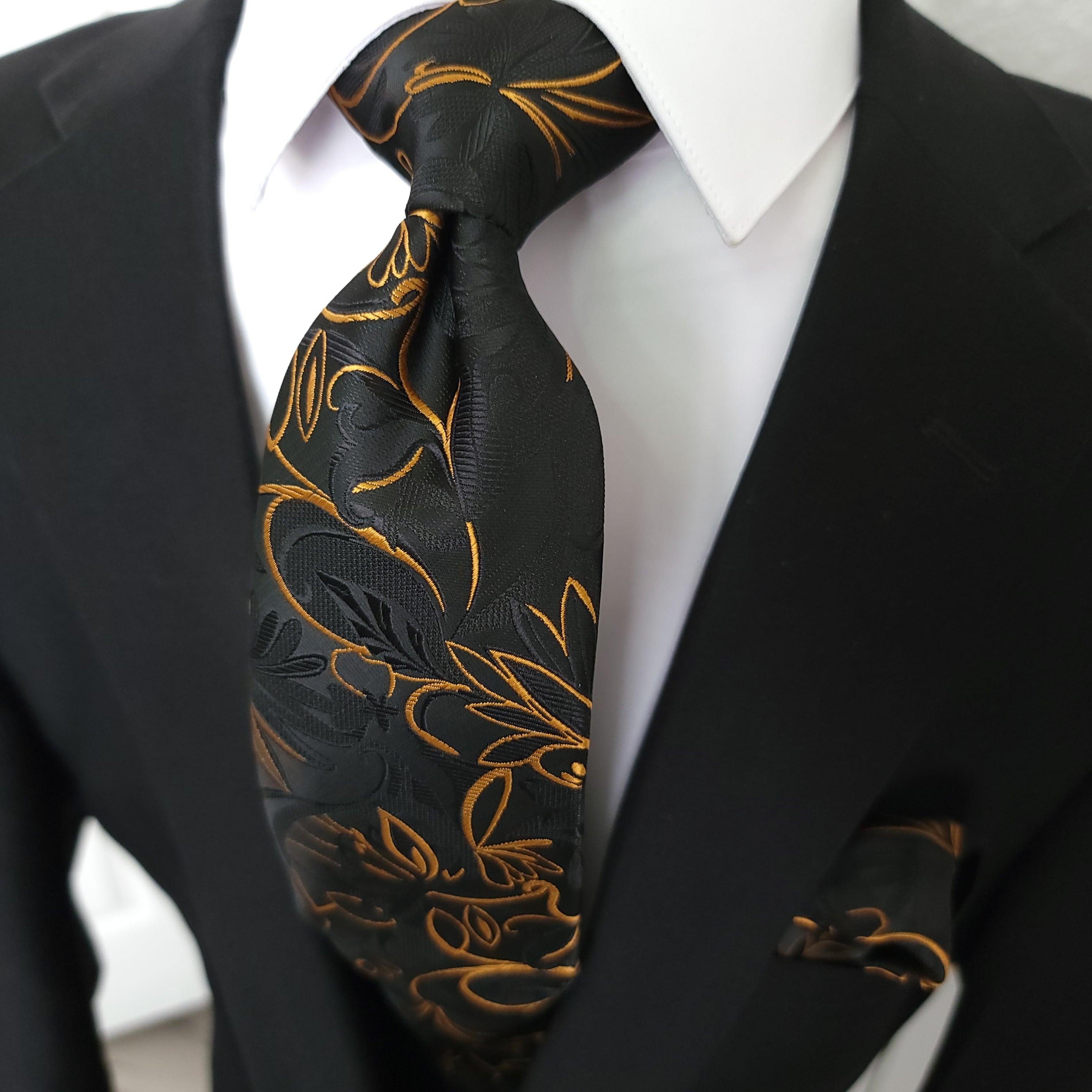 Black Gold Floral Pattern Silk Tie Pocket Square Cufflink Set - STYLETIE