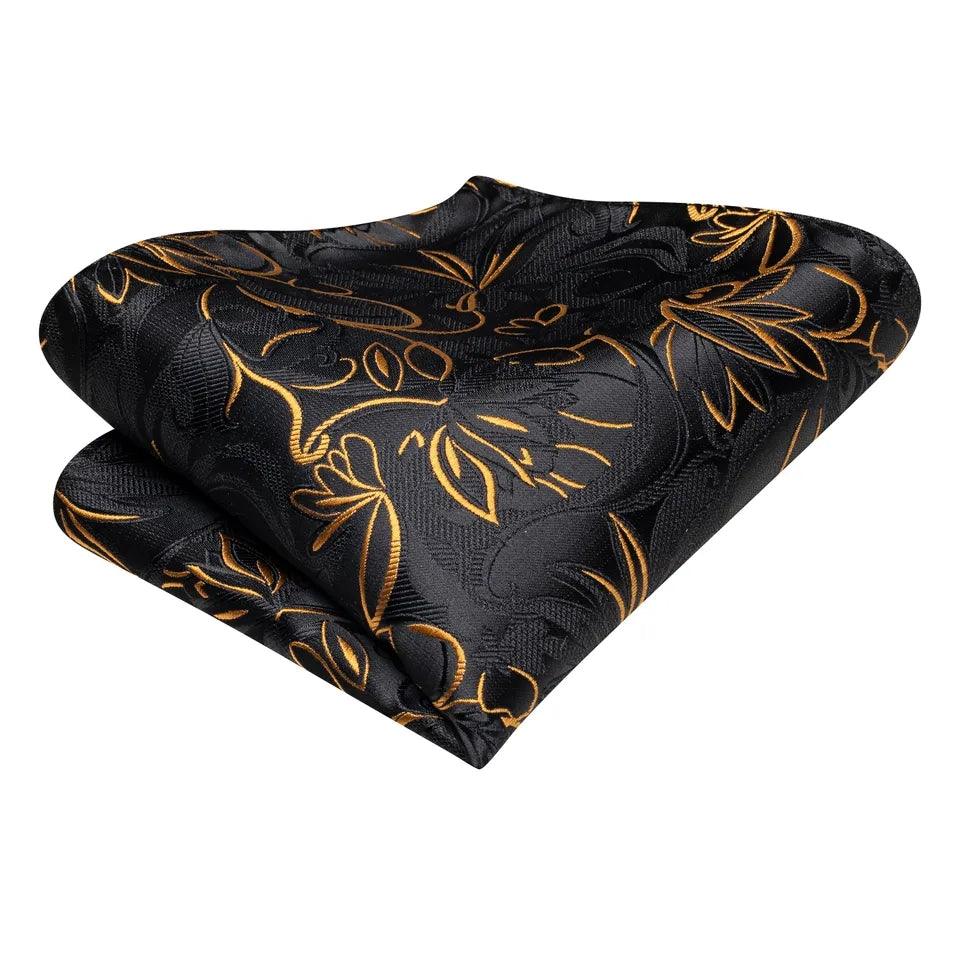 Black Gold Floral Pattern Silk Tie Pocket Square Cufflink Set - STYLETIE
