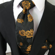 Black Gold Floral Silk Tie Pocket Square Cufflink Set - STYLETIE
