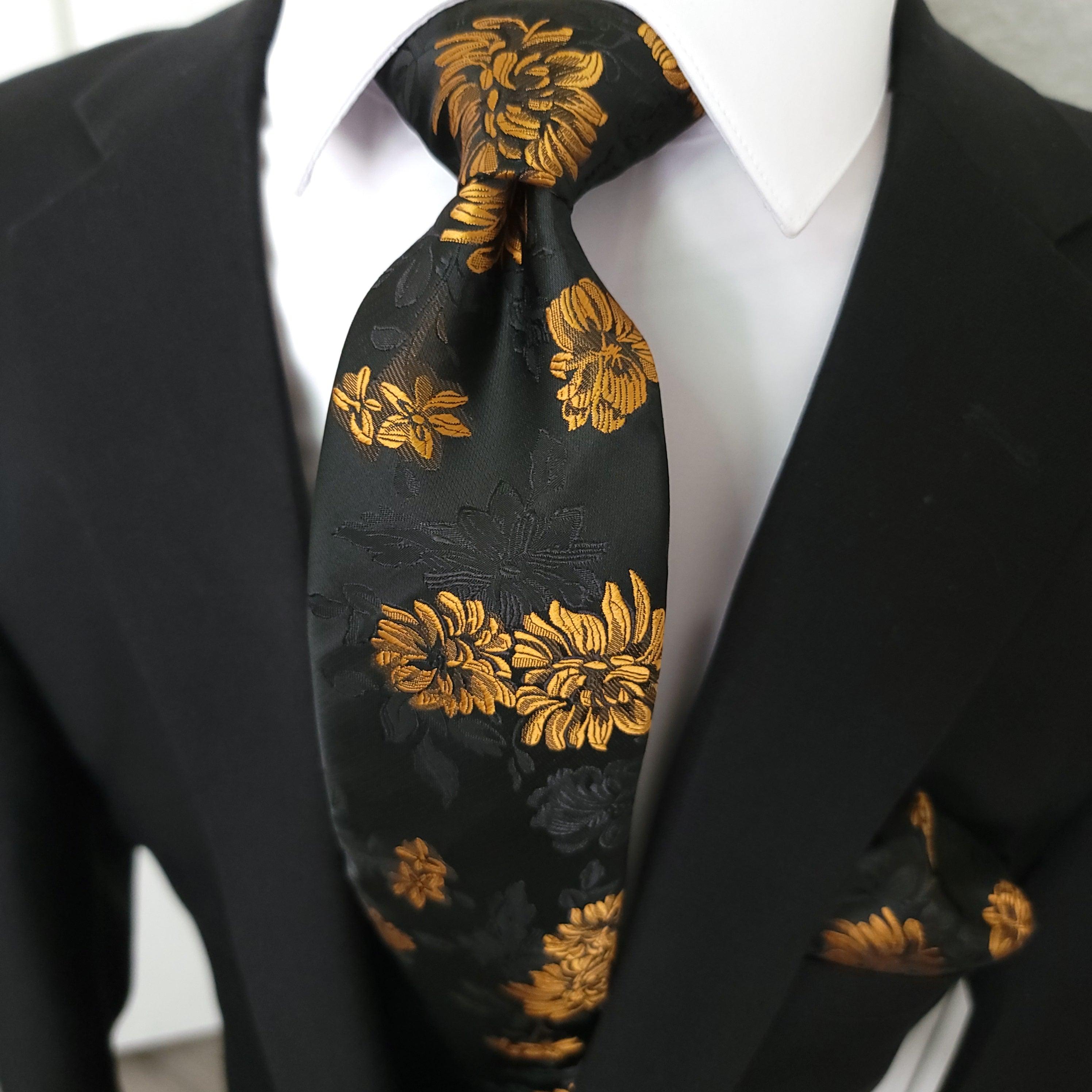 Black Gold Floral Silk Tie Pocket Square Cufflink Set - STYLETIE