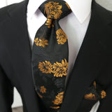 Black Gold Floral Silk Tie Pocket Square Cufflink Set