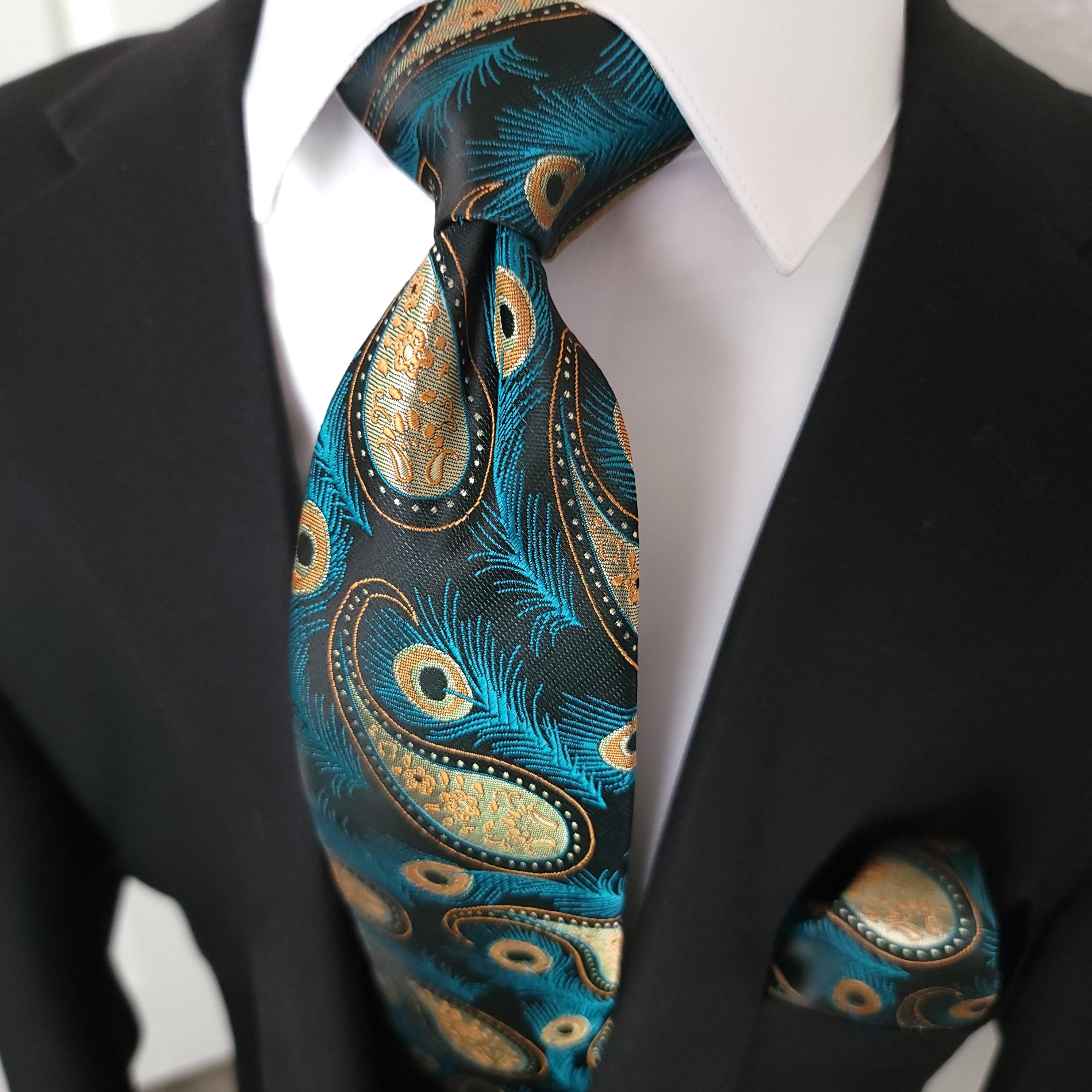 Black Gold Paisley Peacock Feather Silk Tie Pocket Square Cufflink Set - STYLETIE