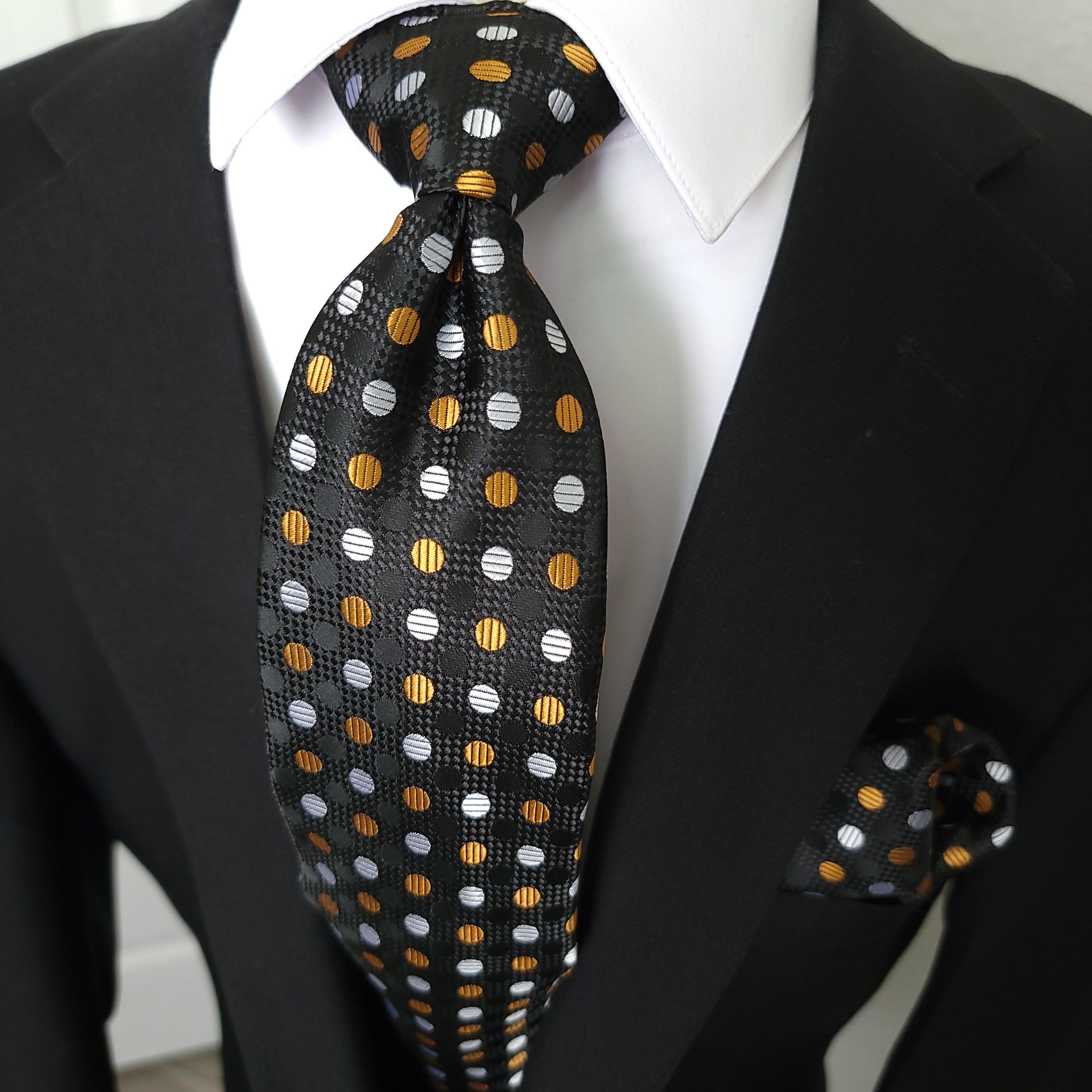 Black Gold White Polka Dot Silk Tie Pocket Square Cufflink Set - STYLETIE