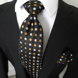 Black Gold White Polka Dot Silk Tie Pocket Square Cufflink Set