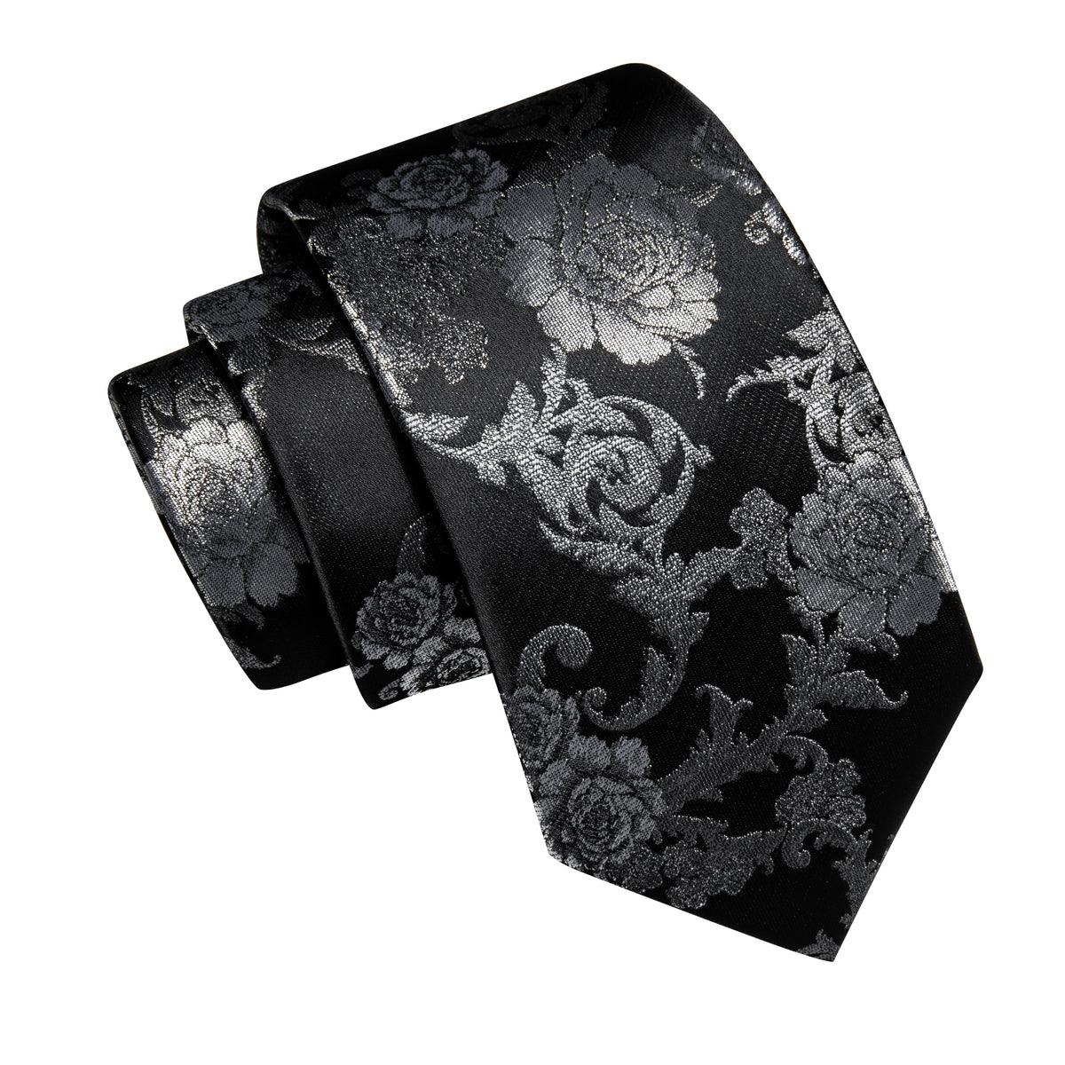 Black Gray Floral Silk Tie Pocket Square Cufflink Set - STYLETIE