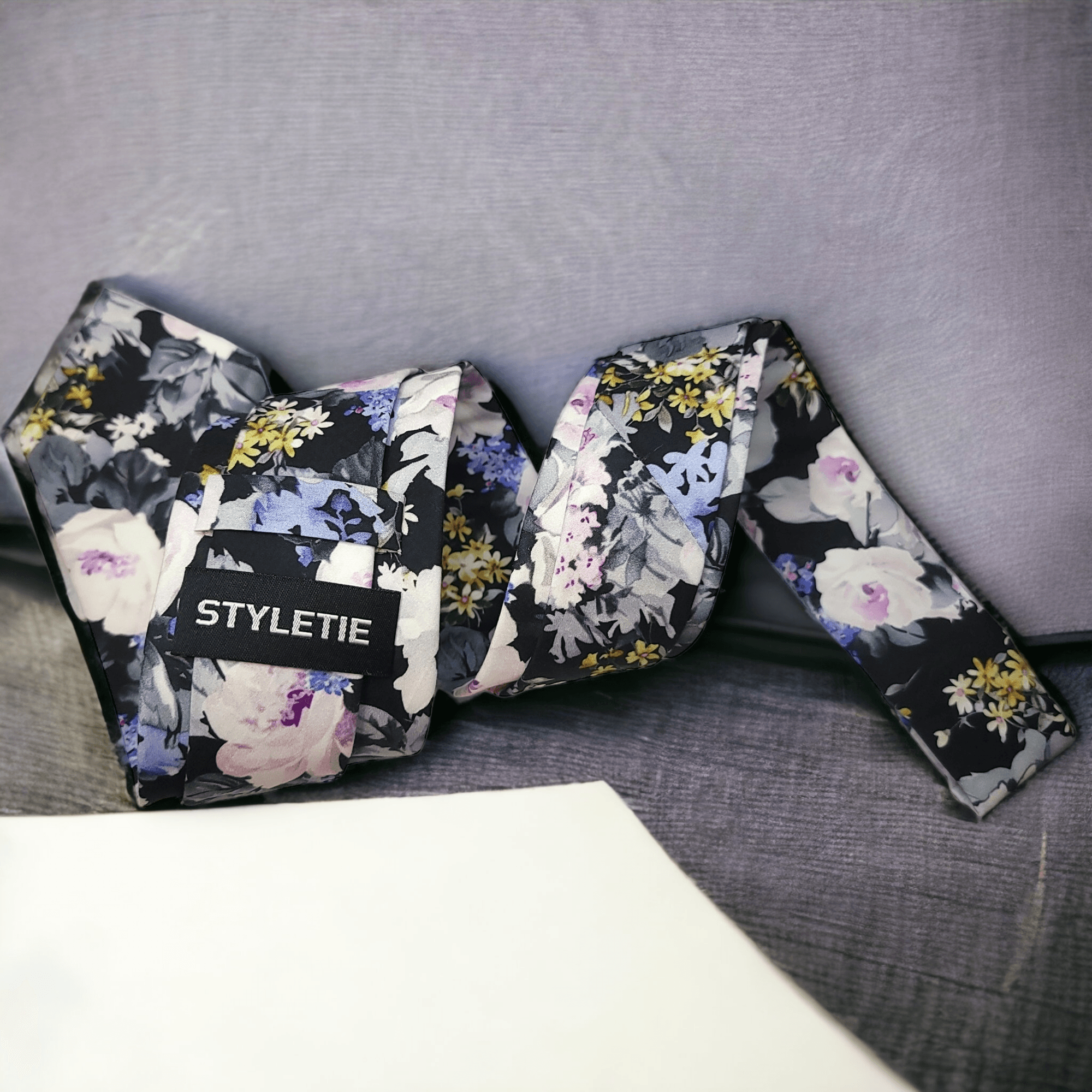 Black Lavender Floral Gray Tie - STYLETIE