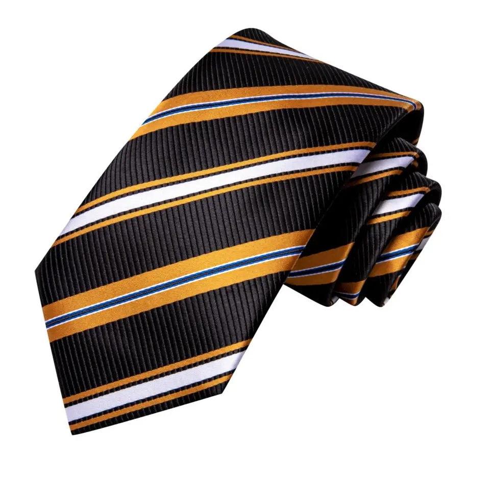 Black Marigold White Striped Silk Tie Pocket Square Cufflink Set - STYLETIE