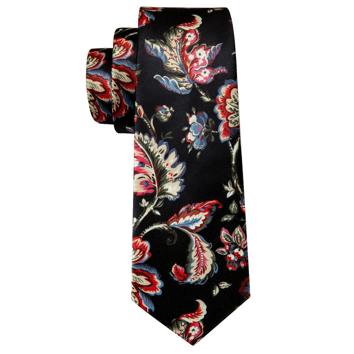 Black Novelty Leaves Floral Silk Tie Pocket Square Cufflink Set - STYLETIE